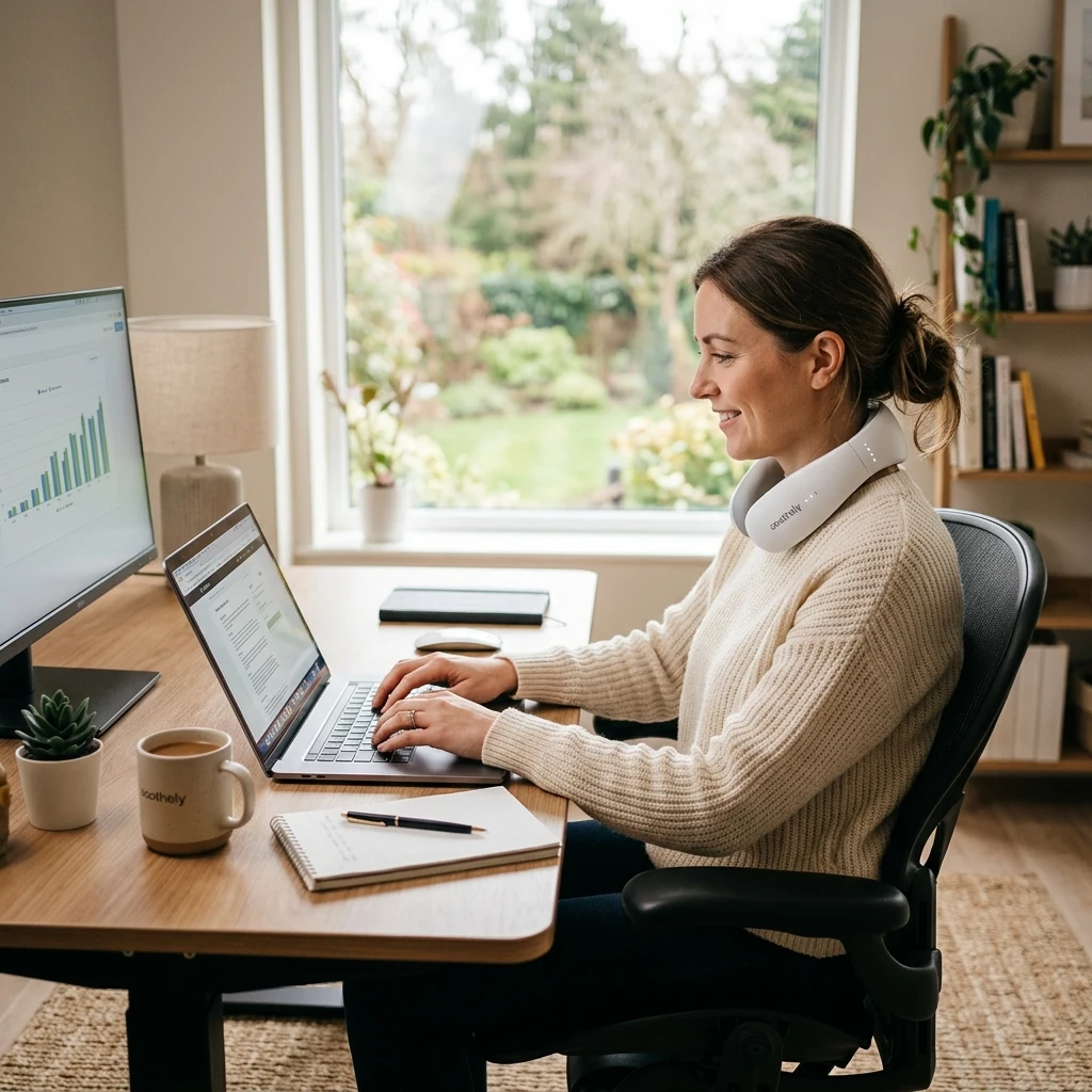 Professional wearing Soothely neck collar comfortably while working focused at an office computer