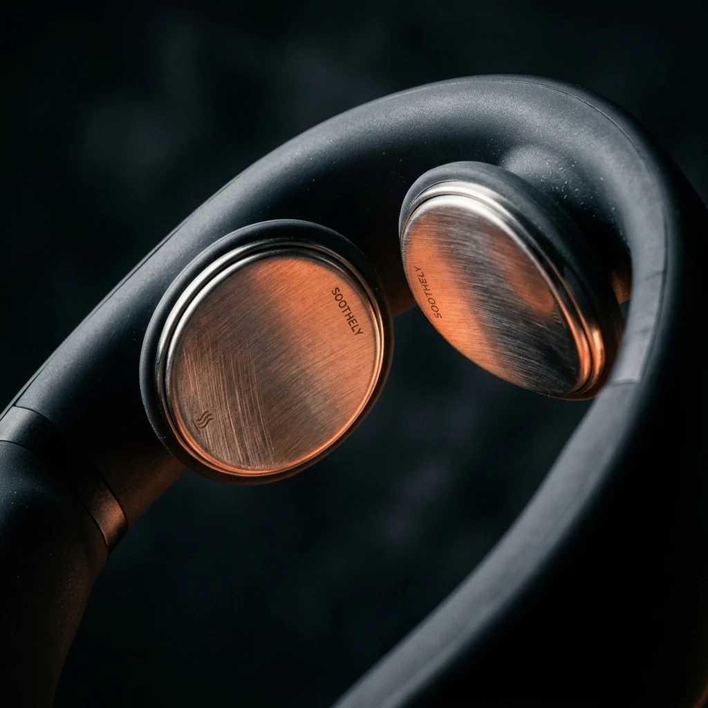 Close-up macro shot of Soothely floating 3D stainless steel electrode contact pads with warming thermal glow