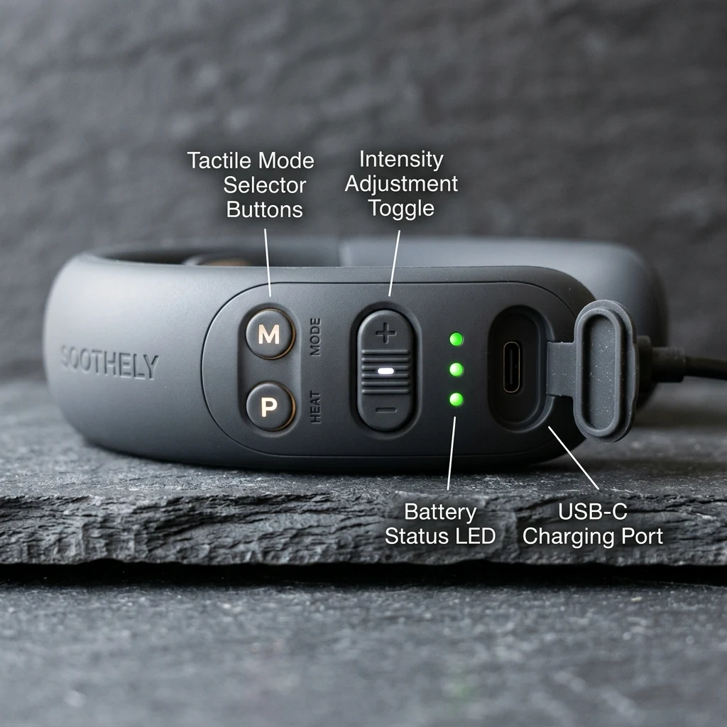 Side view of Soothely tactile control interface showing power button and intensity toggles