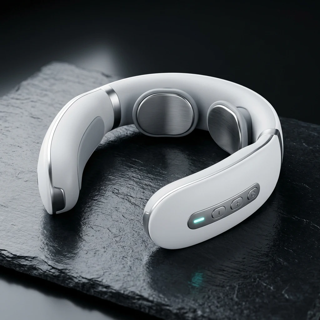 Soothely electric pulse neck collar massager with ergonomic white chassis and glowing contact electrodes