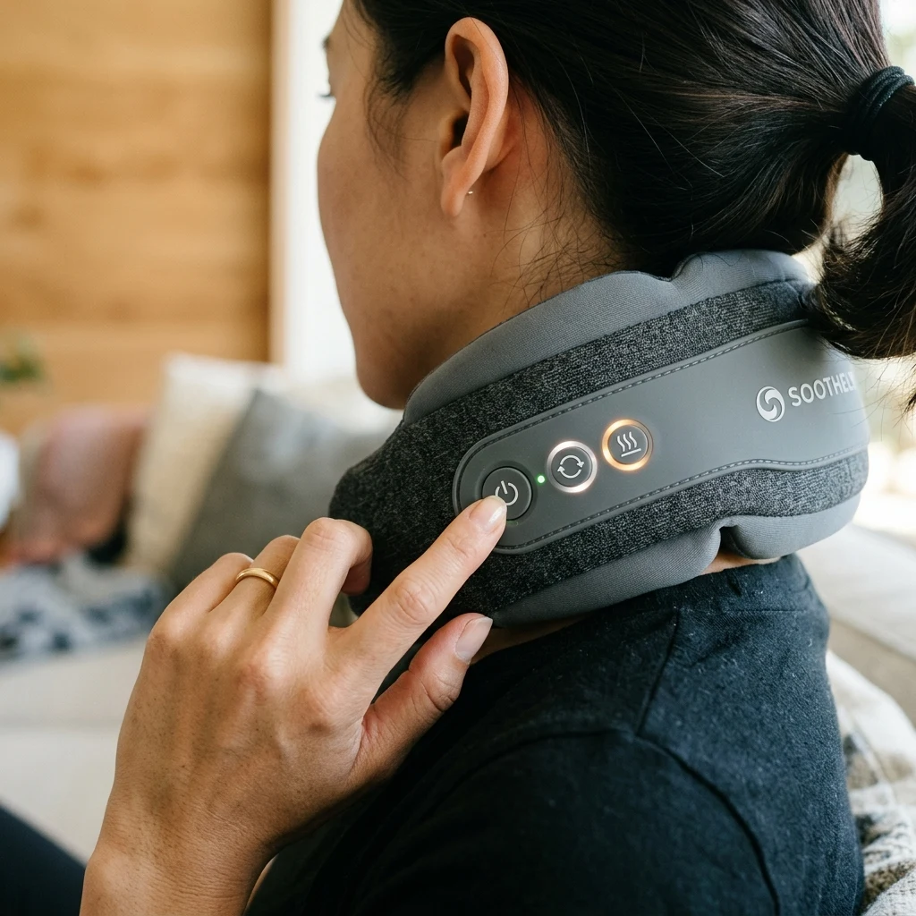 Resting the flexible Soothely collar comfortably around neck and turning on power