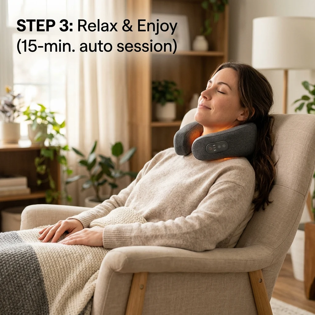 Person relaxing comfortably with Soothely collar enjoying thermal warmth and gentle pulses