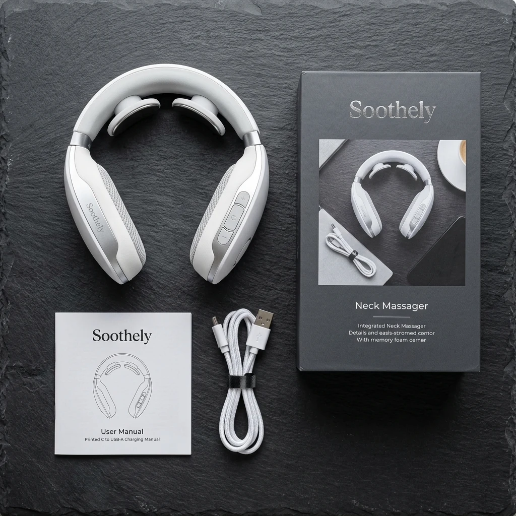Flat lay of the complete Soothely package including neck collar, USB charging cable, travel pouch, and user manual
